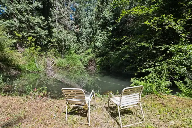 Imagine sitting in these chairs and enjoying the sound of the creek coming into the pond.