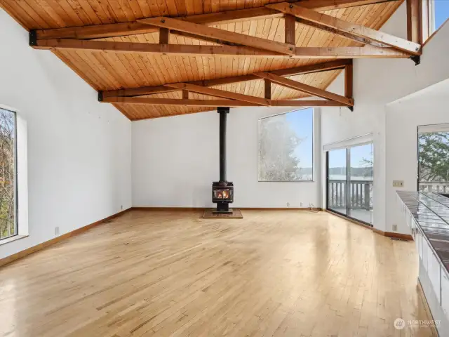 High arched wood ceiling with architectural wood beams