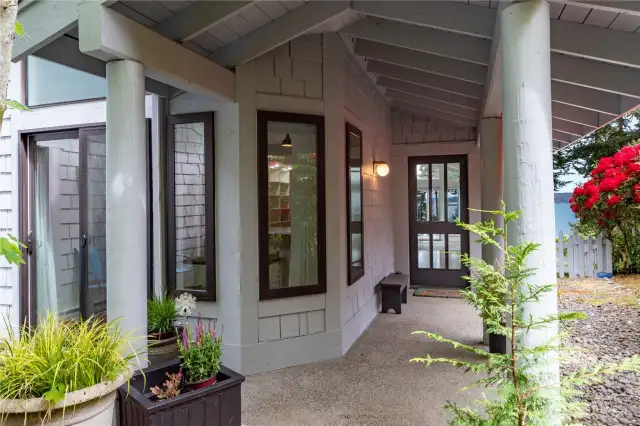 There is a patio to the left right off of the kitchen.