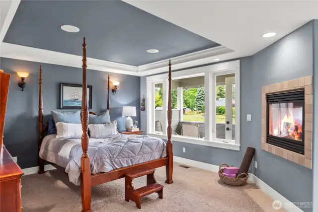 Primary suite, 2 way gas fireplace, Sitting room and private covered porch.