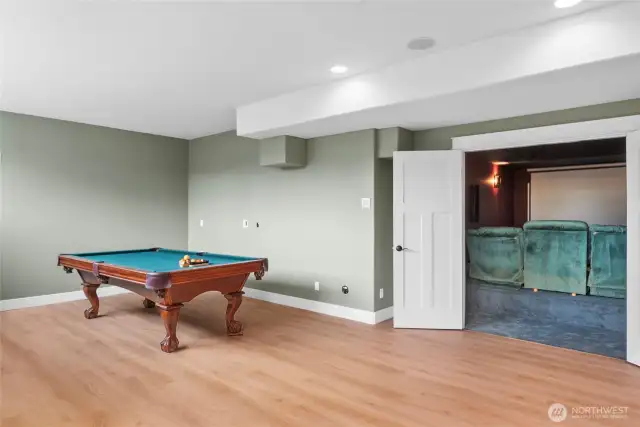 Overhead lighting designed with Billiards in mind. Plumbed for wet bar.