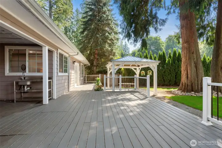 This deck runs the full length of the house.  The gazebo gives you a nice touch for those dinner parties.