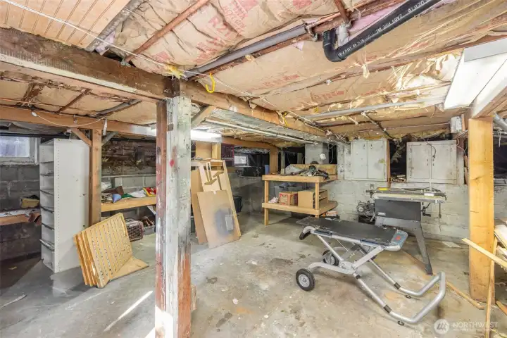Downstairs storage area offers plenty of options for storage, workspace or possibilities for more.
