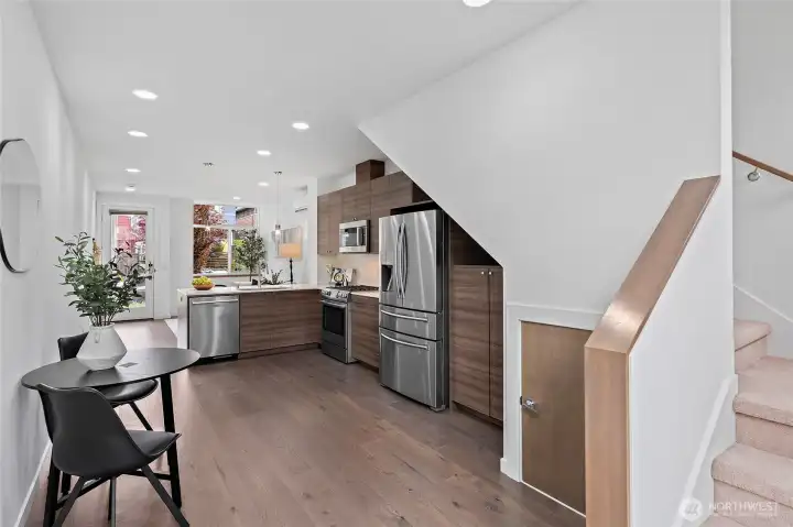 Look back at living space and stairs to the second floor.