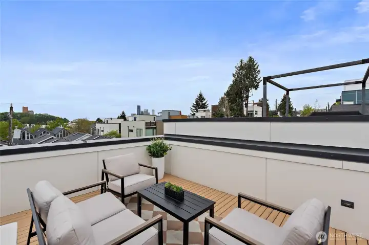 Rooftop deck offering sweeping views of Mount Rainier and the Seattle skyline—perfect for entertaining and unwinding.