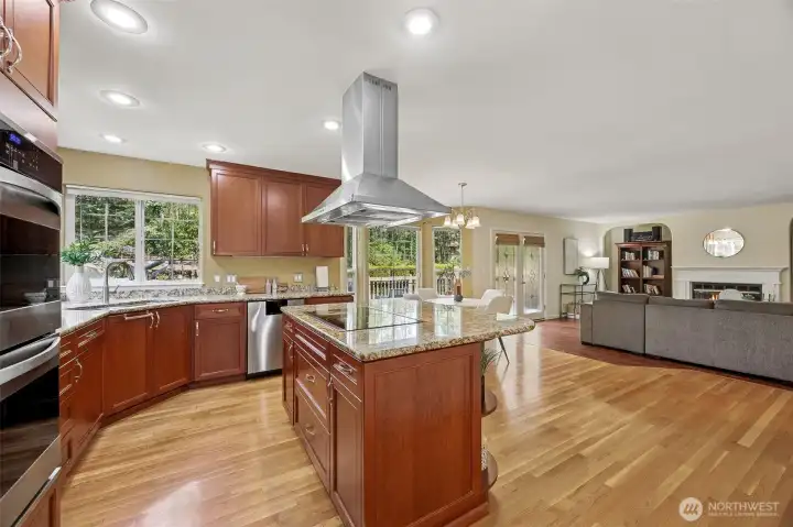 Large center island holds your cook station with overhead ventilation hood sure to impress the chef in the house.