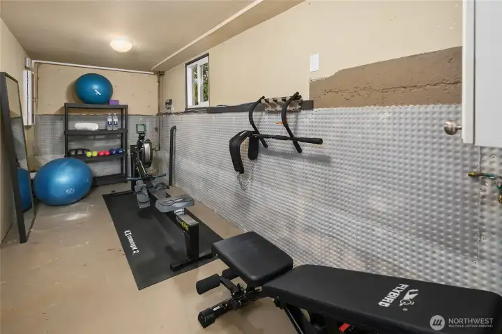 A home gym that accommodates lots of equipment.