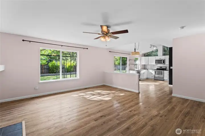 View from back of great room looking towards dining area and kitchen