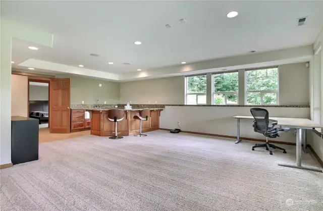 View from lower entry into rec room with amazing wet bar/entertainment area! Lots of space for all of your ideas.