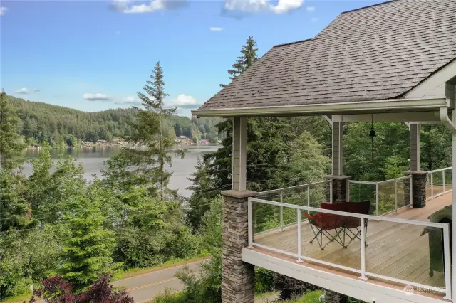 Drone shot of your deck off of the great room and kitchen showing tremendous views of Summit Lake.