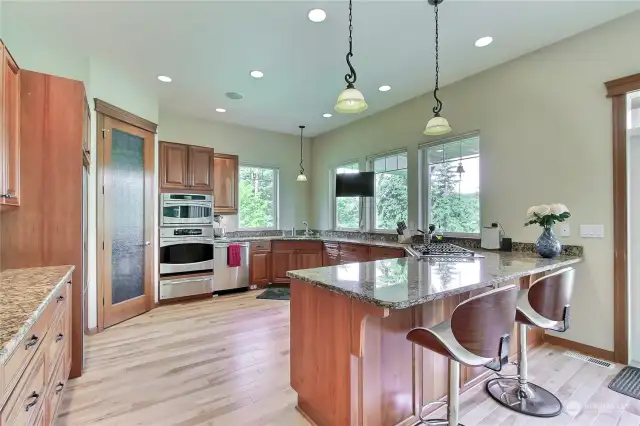 Kitchen view showing included stainless steel appliances, walk-in pantry, tons of counter space with solid granite, large windows and probably my favorite is the custom cabinetry with all the DRAWERS.