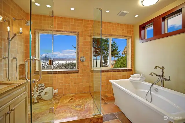 This shower is "one way" glass. Imagine watching whales from inside the shower! Separate soaking tub. & radiant in floor heat.