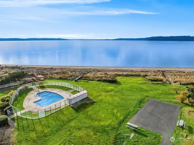 Private pool, pet friendly grounds, & sports court all facing Puget Sound