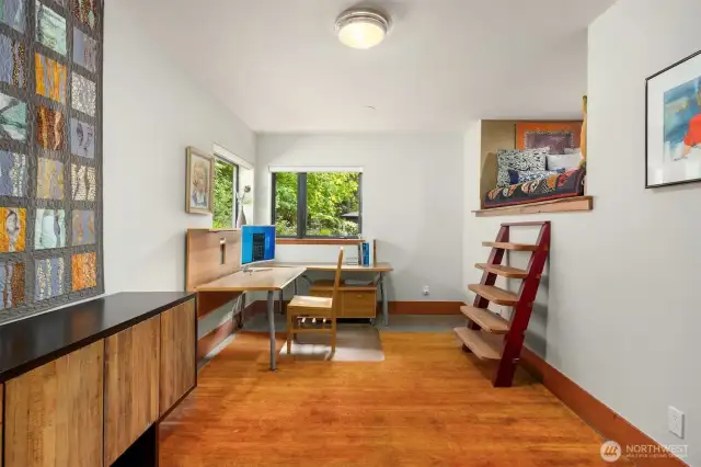The south facing bedroom with built-in loft space.