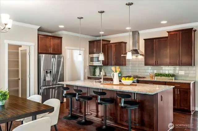 Beautiful kitchen with stainless steel appliances, granite counters, full height tile backsplash, gas range, walk-in pantry and huge kitchen island.