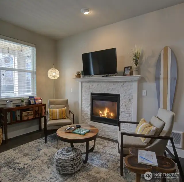 Cozy propane fireplace.
