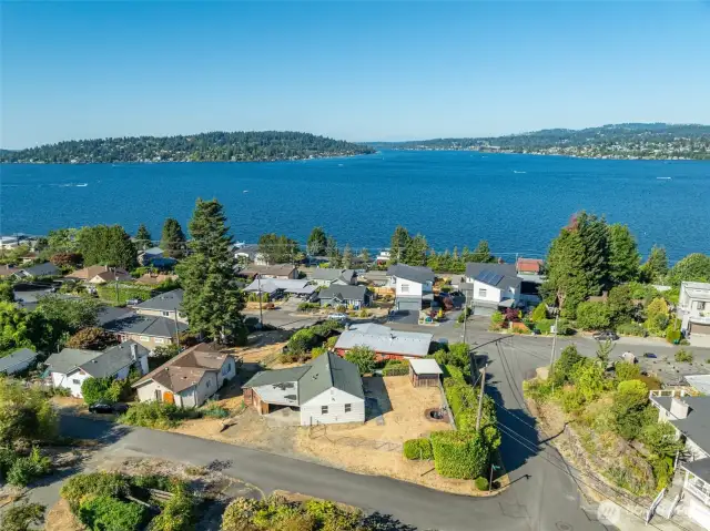 This aerial view showcases the property’s generous corner lot, offering more space and versatility compared to many neighboring homes.
