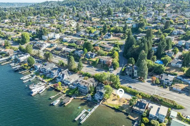 Aerial view showcasing the property’s close proximity to the shared beach access along the shores of Lake Washington. Disclaimer: Title cannot insure beach right access.