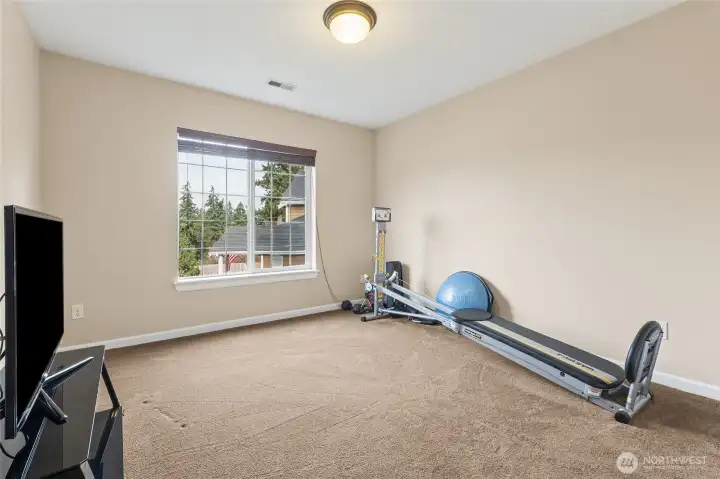 Bedroom #4; Plantation wood blinds throughout the home add warmth, character, and privacy. Their timeless style complements the Craftsman design.