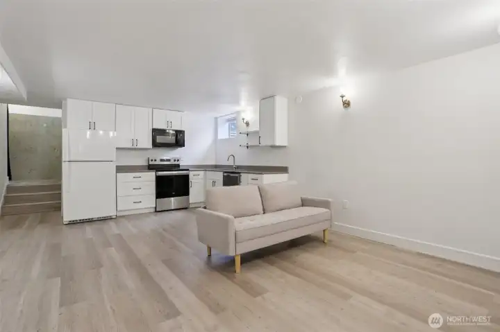 Basement apartment living room and kitchen