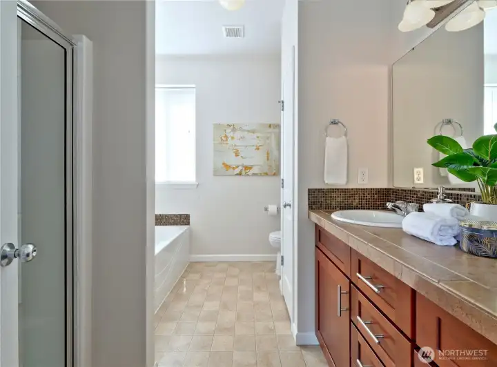 Primary bath with dual sinks,deep tub and separate shower