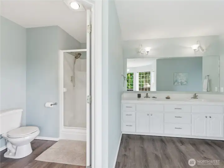 Primary bathroom with walk-in shower designed for comfort and convenience
