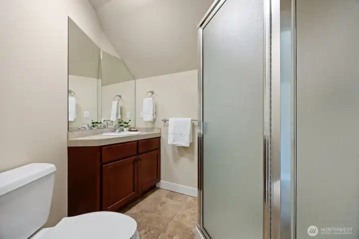 The 3/4 bathroom off the rec room