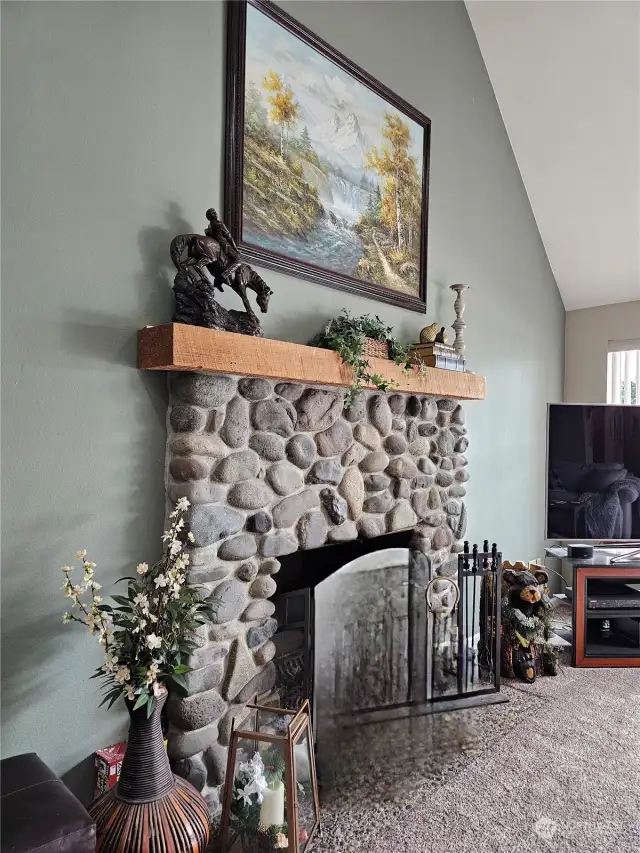 River rock fireplace in great room