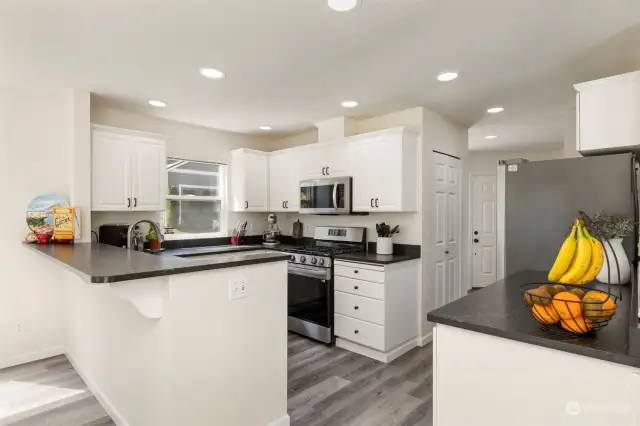 Stunning Honed Quartz Counters & newer stainless steel appliances including a gas range.