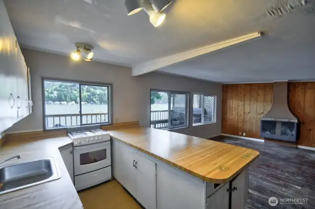 Kitchen with gas stove.