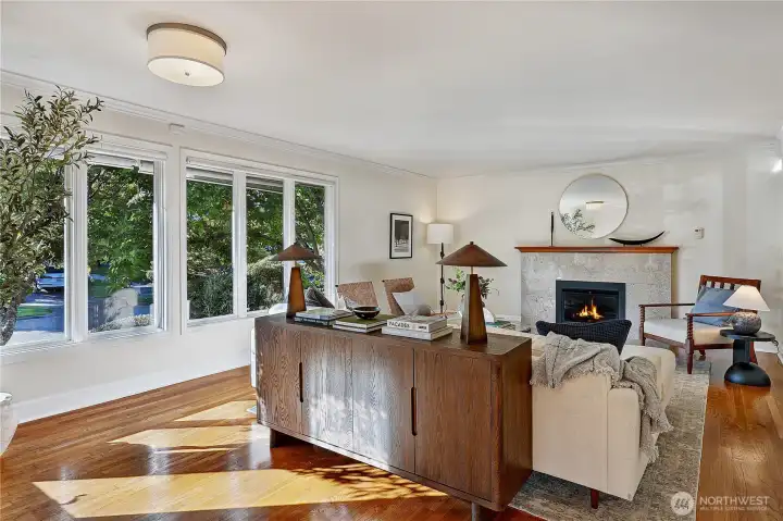 Main floor living room with gas burning fireplace