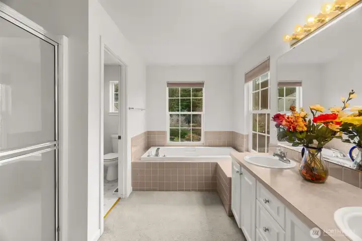 5 piece primary BA with double vanity, bathtub and walk in shower and separate toilet area