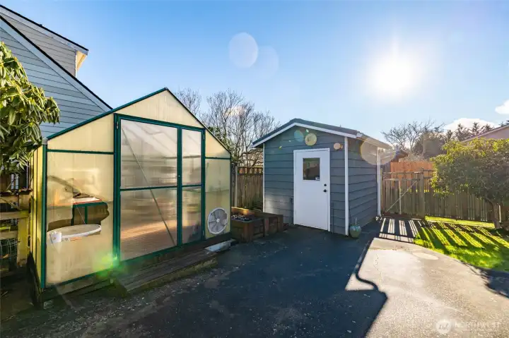 Shed and greenhouse.