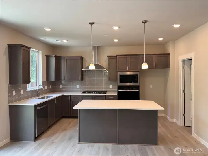 Chefs dream Gourmet kitchen with quartz counter tops, stainless steel appliances, soft close cabinets and pendant lights. Walkk in panty offers ample storage. Photos are for representational purposes only. Colors and finishes may differ.