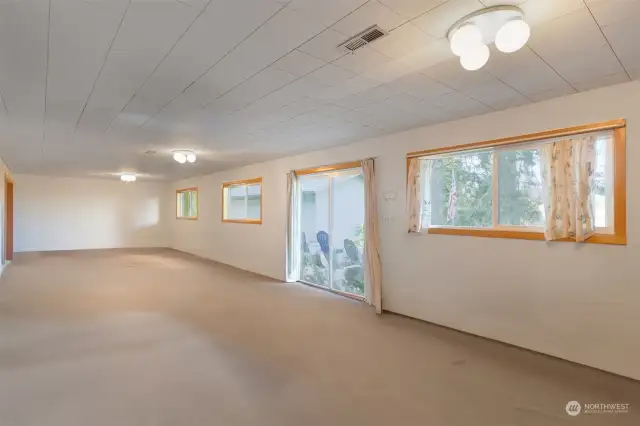 Basement living room with sliding glass door.