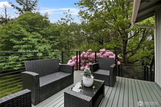 Step out onto a fabulous, newly stained deck with contemporary railings and soak in the stunning views of your large, lush forested yard. Direct steps lead to this serene outdoor escape.