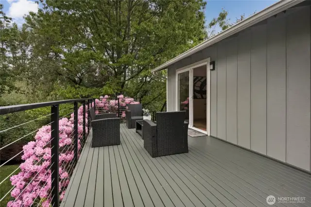 Host unforgettable gatherings on this fabulous, freshly stained deck, featuring modern railings and sweeping views of the lush, forested yard. Steps lead directly to your private green oasis.