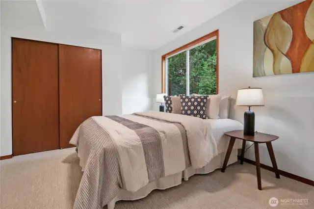 Sunny lower level large 4th bedroom with large closet and adjacent to the 3/4 bath.