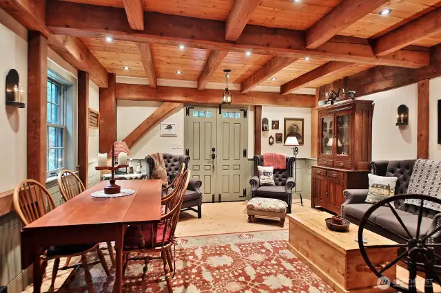 Looking back from where we were just standing. Floors are Douglas Fir, all wainscoting and mill work is custom made. Radiant floor heating in Main House and Rinnai tankless water heaters in the House and the Carriage House.