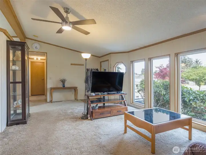 Sun-filled living room with lagre picture windows.