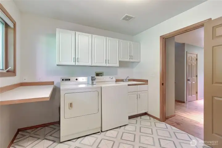 Now THIS is a laundry room! Commercial Washer and Dryer included (dryer even has the coin slots!) makes laundry a breeze. Large window, folding table, cabinets, utility sink, hamper down from Primary Suite and THREE closets for storage!