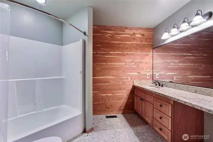 Main floor full bath, love the shiplap - really feels like a spa. lots of counter space.