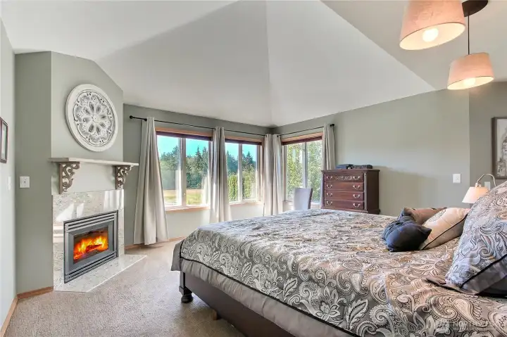 Upstairs Primary Suite view, so much to love. Private with your own staircase leading up. The propane fireplace (with remote), windows overlooking your back and side yards & cathedral ceilings.