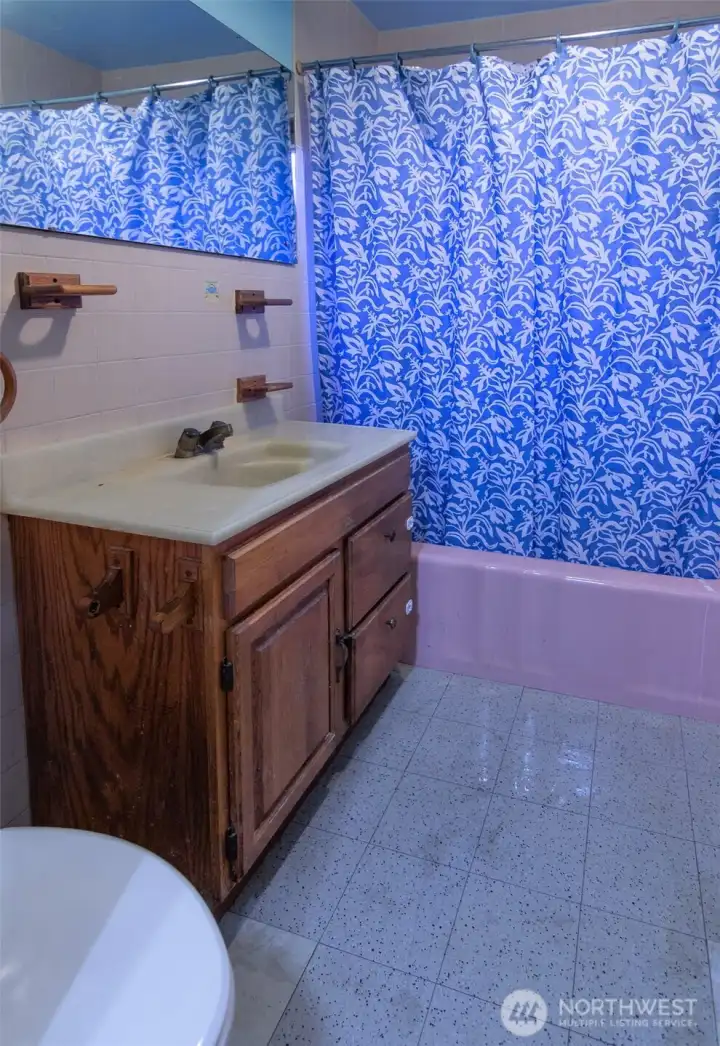 The bathroom has a shower/tub combination!