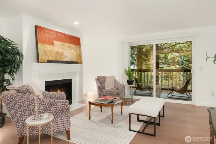 Wood burning fireplace with modern tile.