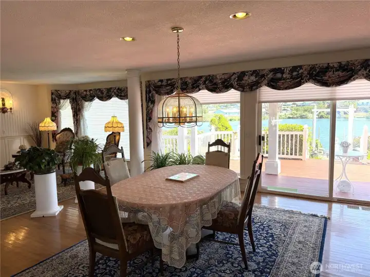 Dining area with a lake view.