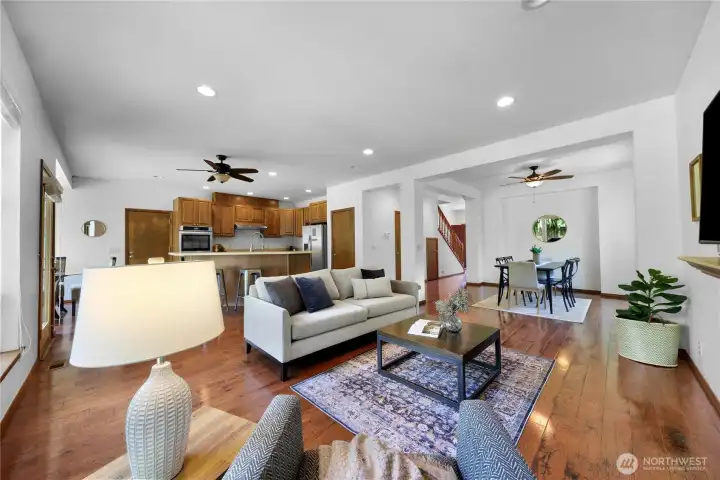 Large greatroom anchored by captain's kitchen