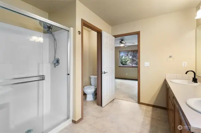 Walk-in shower with glass door completes the 5-piece bathroom with separate potty room.