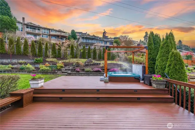 Large back yard with custom landscaping