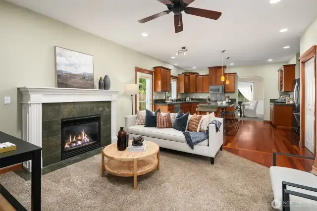 Living room with gas fireplace.